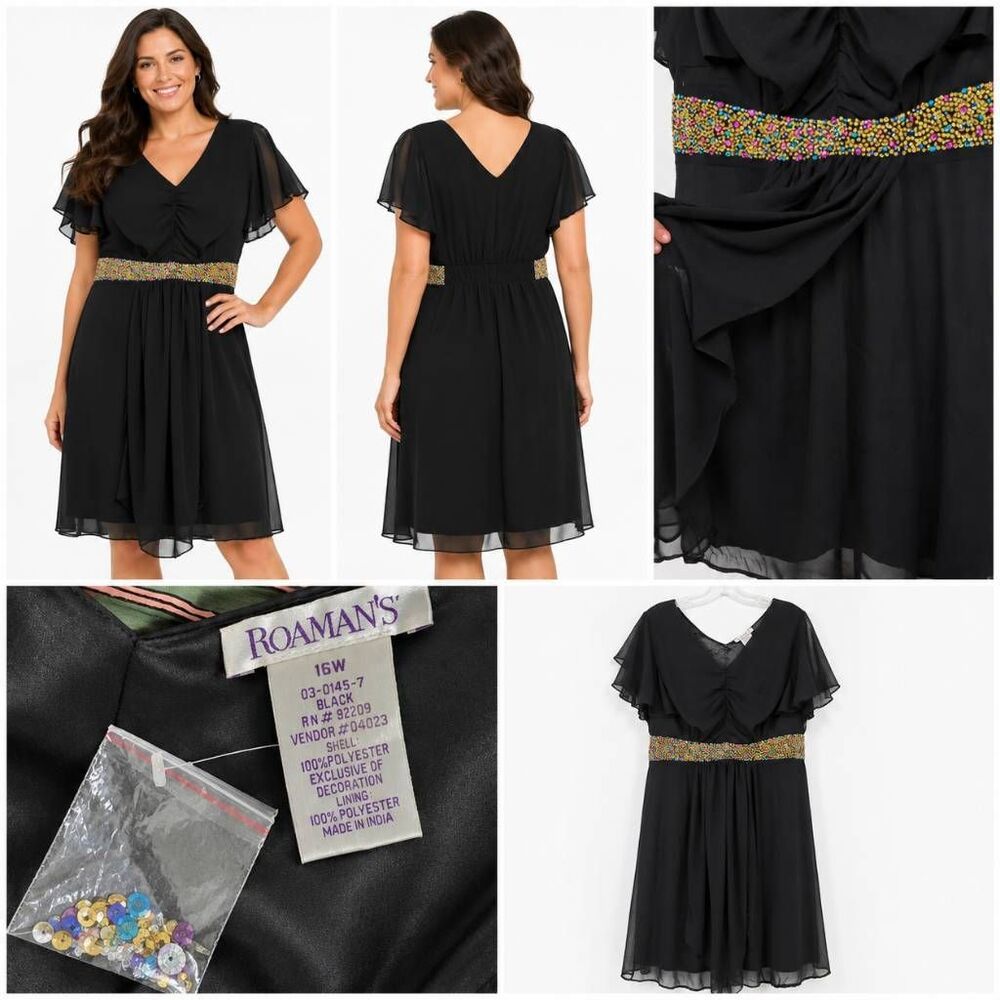 Roaman’s Plus Beaded Waist Black Chiffon Dress 16W